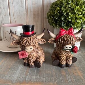Adorable Highland Cow Figurines with Red Accents